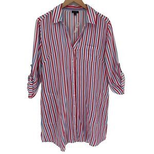 Talbots Roll Tab Sleeve Swim Coverup Soft Beach‎ Women Medium White Blue Red